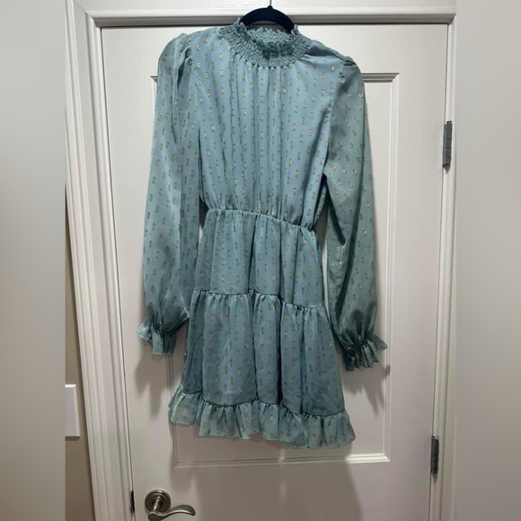 OPT small dusty blue gold shimmer polka dot dress mini ruffles long sleeve euc - Picture 2 of 4